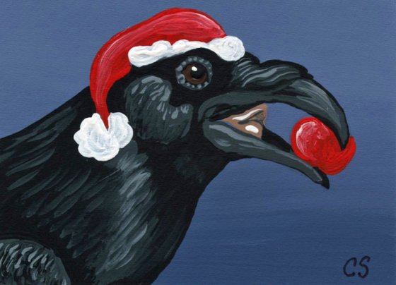 ACEO ATC Original Christmas Painting Black Crow Raven Santa Wildlife Bird Art-Carla Smale