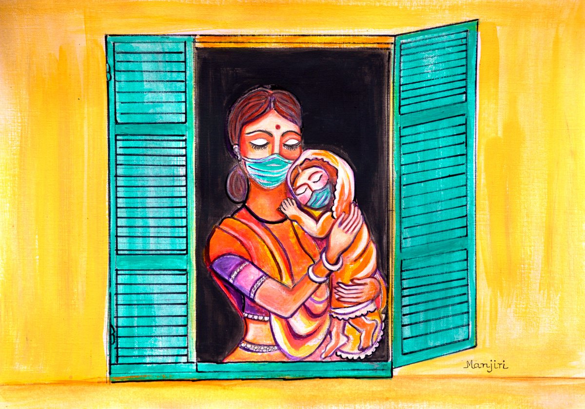 Mother and child window to the world art corona pandemic by Manjiri Kanvinde