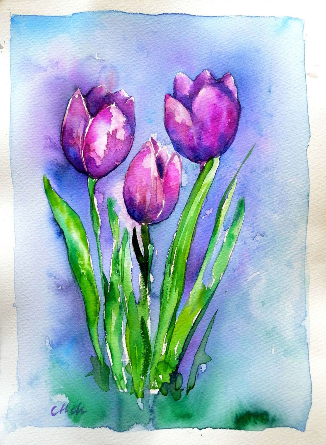 Painting a Purple Tulip with watercolour markers - Aquamarker tutorial 