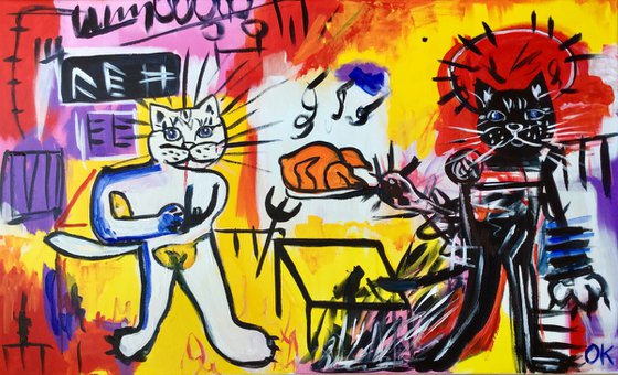 Rice with Chicken version of famous painting by Jean-Michel Basquiat with cats