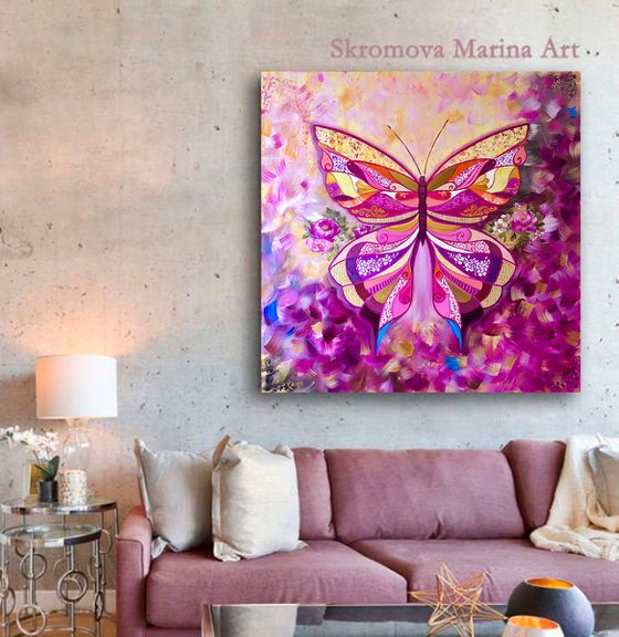 PINK URANIA - Big butterfly. Pink butterfly. Tropical butterfly. Abstract butterfly. Magic wings. Gold splashes. Steampunk style. Nature. Air. Flutters.