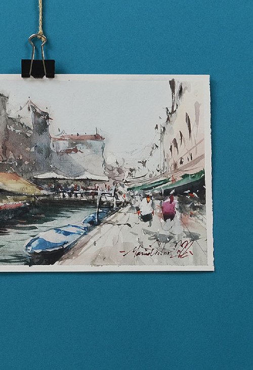 Venice daily life scene, watercolor on paper, 2022 by Marin Victor