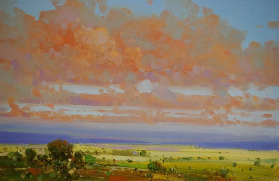 Sunset, Landscape, Original oil painting, Large size painting, One of a kind Signed with Certificate of Authenticity