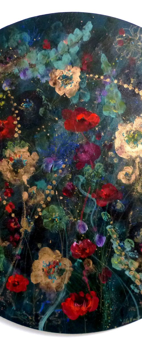 "Flower waves". Tondo round canvas 60cm. by Loetitia Pillault