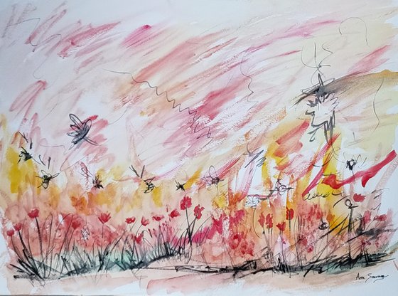 Fleurs rouges en fête - Watercolour