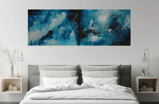 "Back In Blue". X Large panoramic abstract 200 x 70 cm. Diptych.