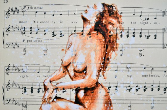 Nude 1 - Looking For The Sun - Collage Art on Vintage Music Sheet Page
