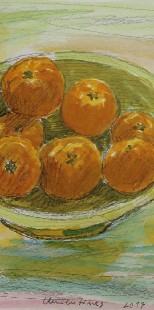 Clementines, 2017, pastel, ink on paper, 21 x 25 cm by Alenka Koderman