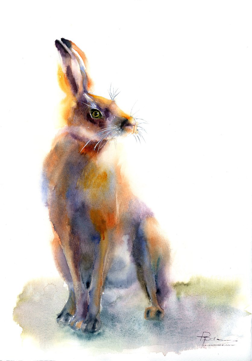 Impressionistic Animal Watercolour By Olga Tchefranov (Shefranov), 10 X 15", Sunny Rabbit, Original Artwork