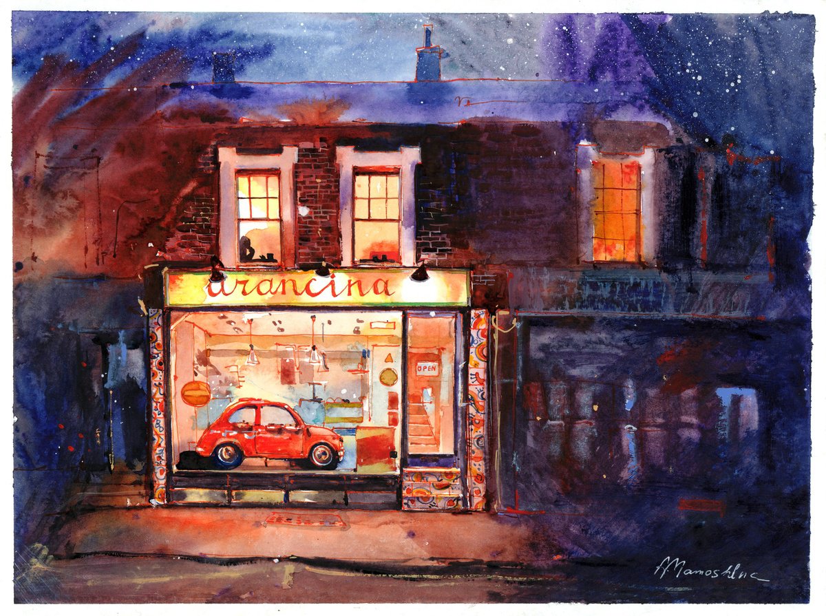 Impressionistic Cityscapes Watercolour By Anastasia Mamoshina, 16 X 12, Arancina Pizzeria, Original Artwork