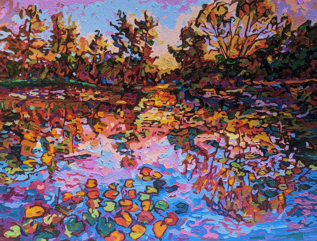 Impressionistic Landscape Oil Painting By Irinagoldenfish, 39 X 30, Pink Evening, Original Artwork