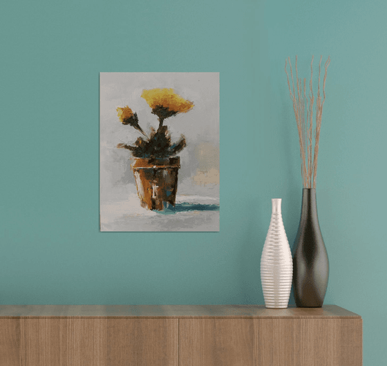 Modern still life oil painting. Flowers in vase