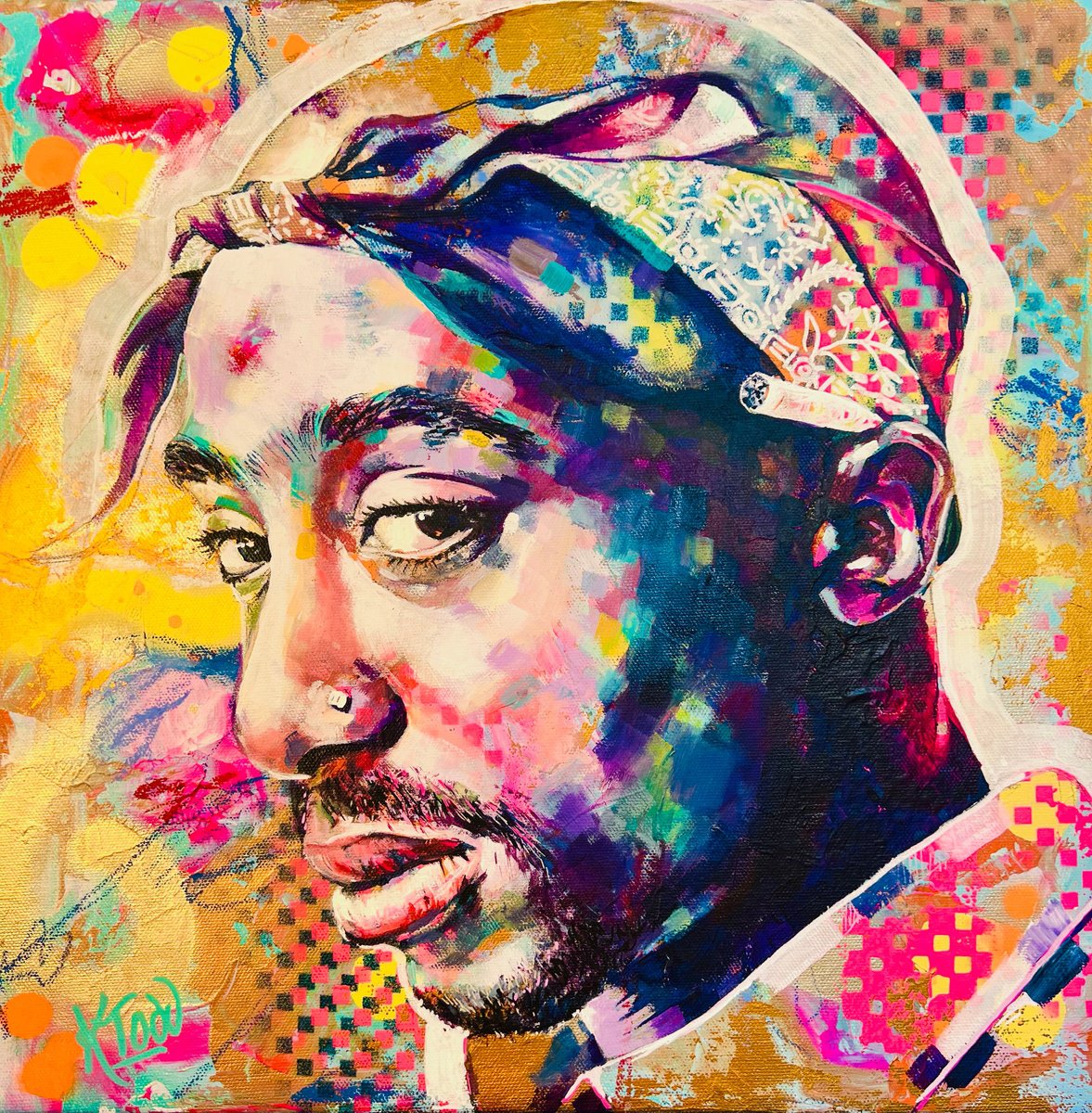 Expressive Portrait Acrylic Painting By Kirsten Todd, 17 X 17", Iconic - Tupac Shakur, Original Artwork
