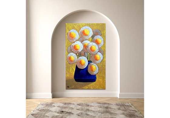 Egg flowers in blue vase