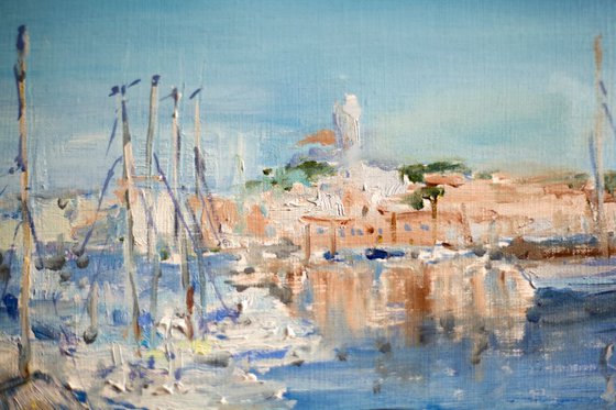 Marseille. Original oil painting. Small size france harbor sea blue seascape boats yacht nature travel summer reflection trip decor impressionism impressionistic detail city provence