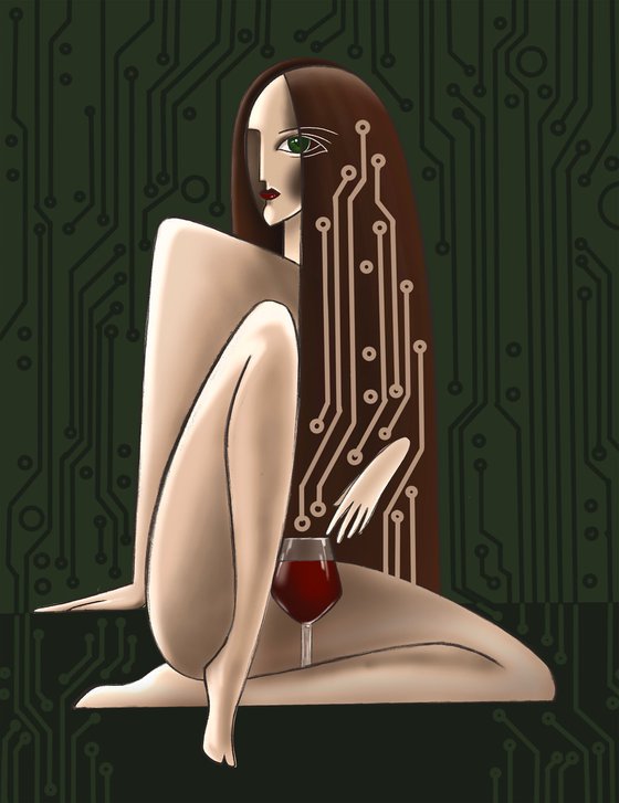 Woman and wine, information technology, stylish digital fashion illustration, brunette woman, glass of red wine
