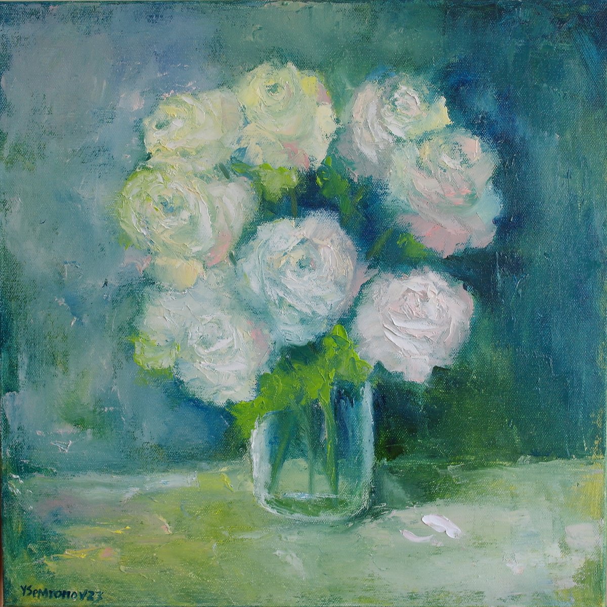 Expressive Botanical Oil Painting By Juri Semjonov, 16 X 16", Roses, Original Artwork