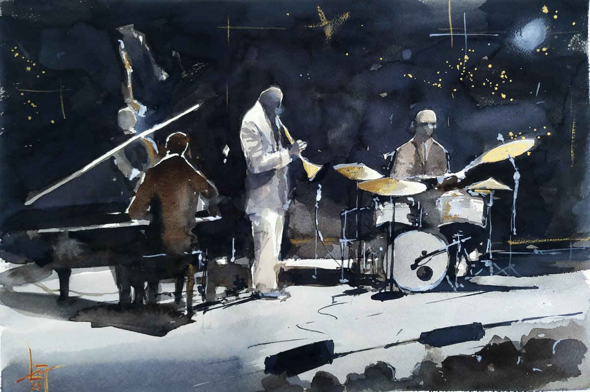 Impressionistic Portrait Watercolour By Flavio Furlan, 22 X 14, Jazz Quartet, Original Artwork