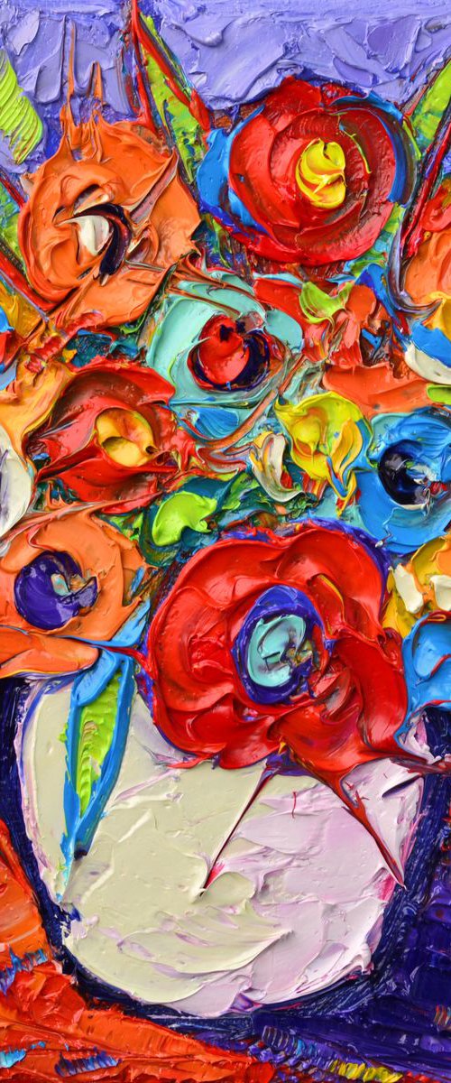 ABSTRACT POPPIES AND COLOURFUL WILDFLOWERS - contemporary impressionist impasto palette knife original oil painting gift by ANA MARIA EDULESCU