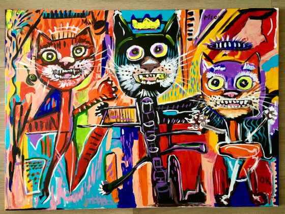 Cats bosom friends in style of famous painting by Jean-Michel Basquiat.