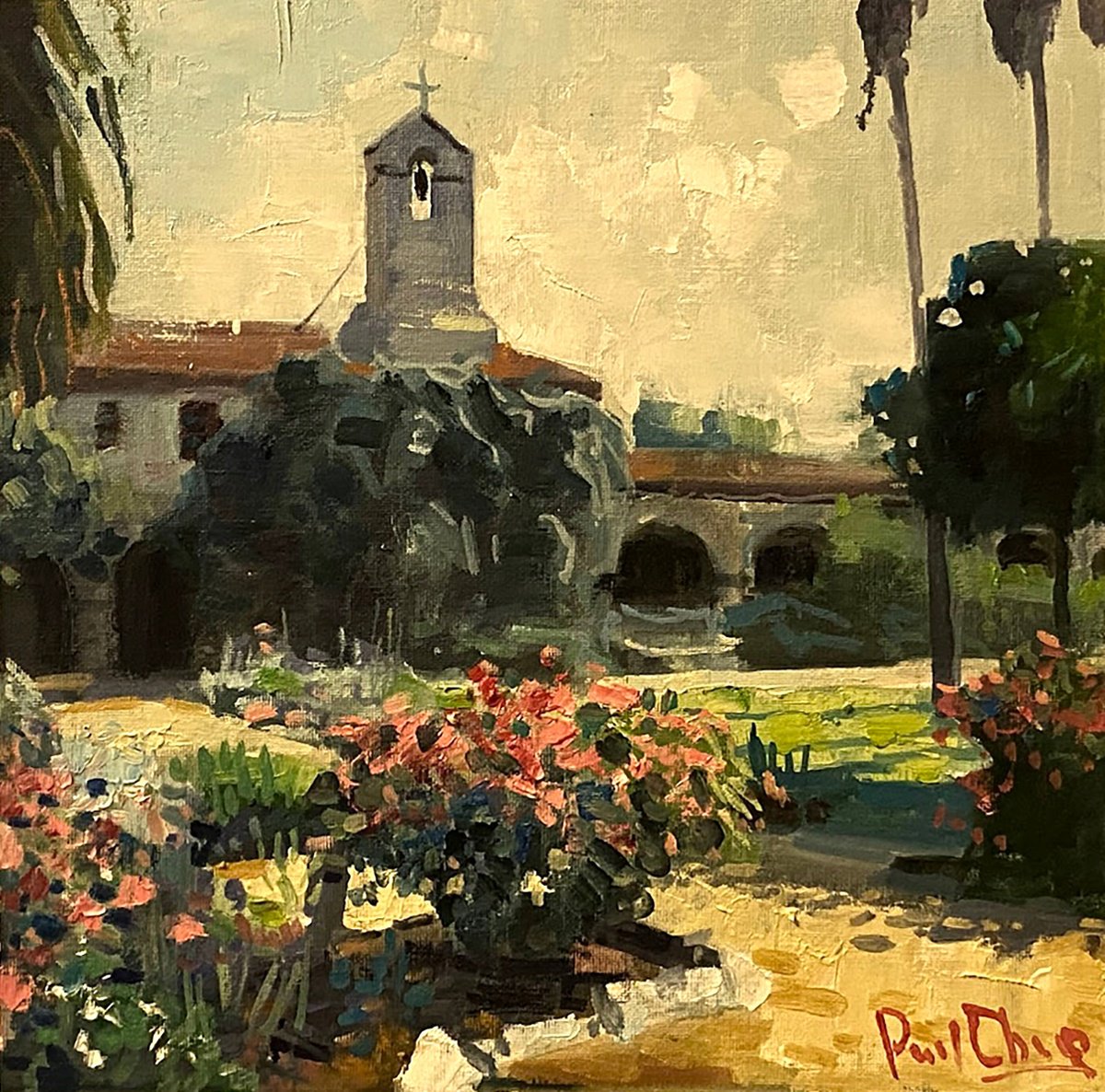 Impressionistic Cityscapes Oil Painting By Paul Cheng, 12 X 12", Mission Sj Capistrano #15, Original Artwork