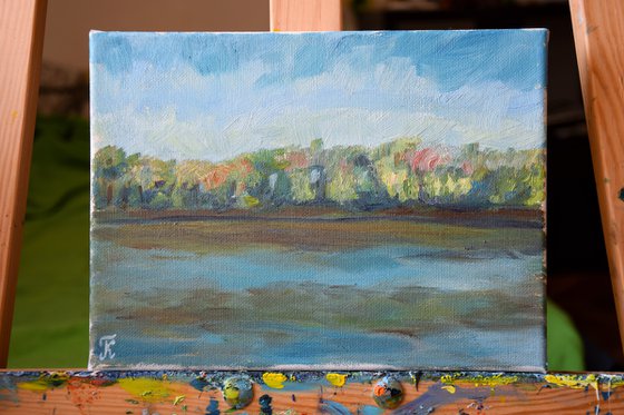 River landscape oil painting on canvas, spring forest painting