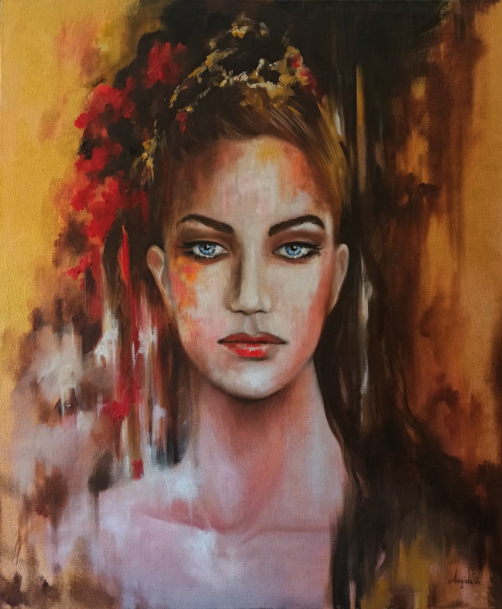Photorealistic Portrait Painting By Anna Rita Angiolelli, 20 X 24, Red Flowers In Her Hair, Original Artwork
