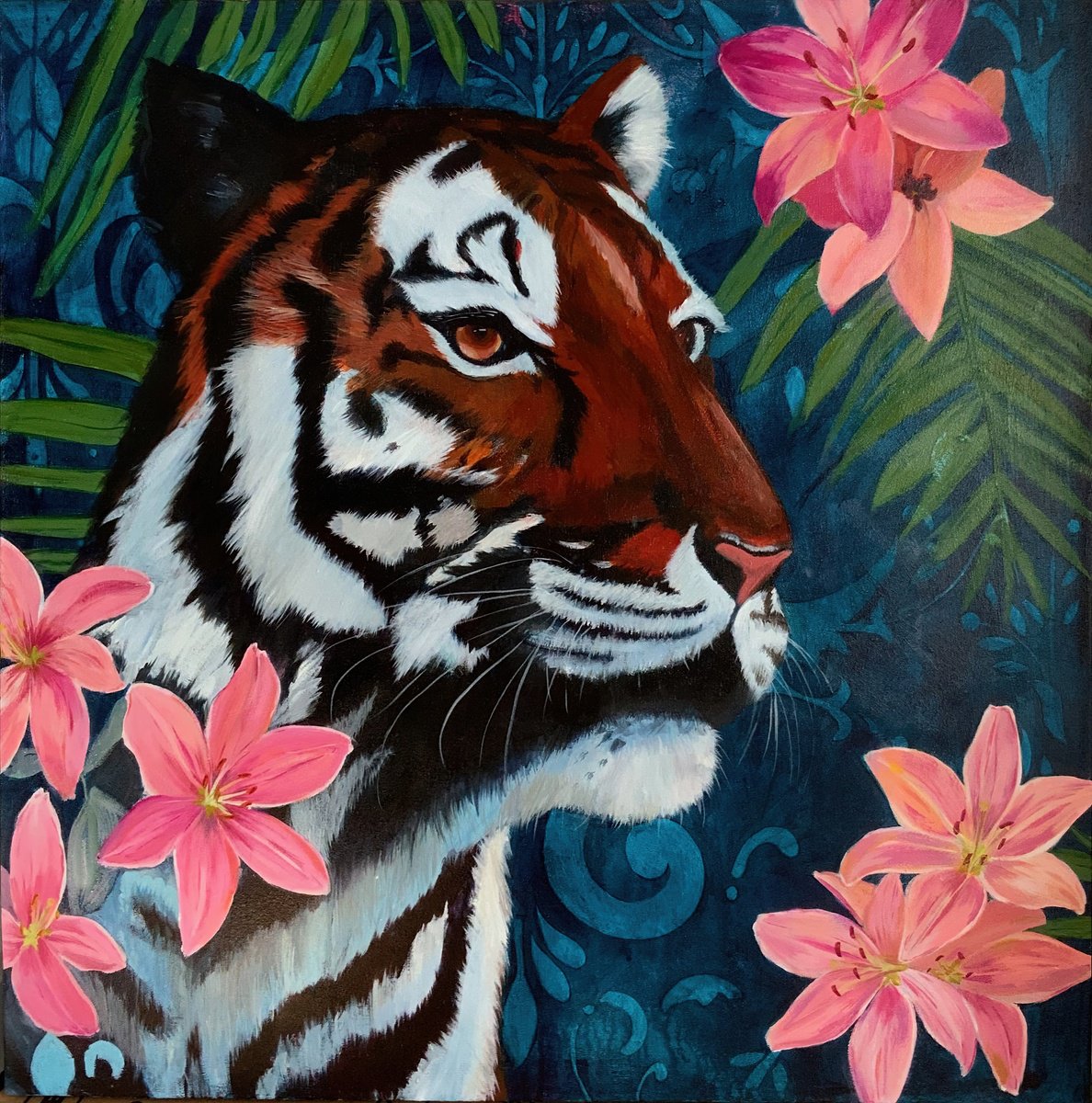 Acrylic Painting , Tropical Tiger And Lilies By Eleanore Ditchburn, 28 X 28, Artwork For Sale On Artfinder