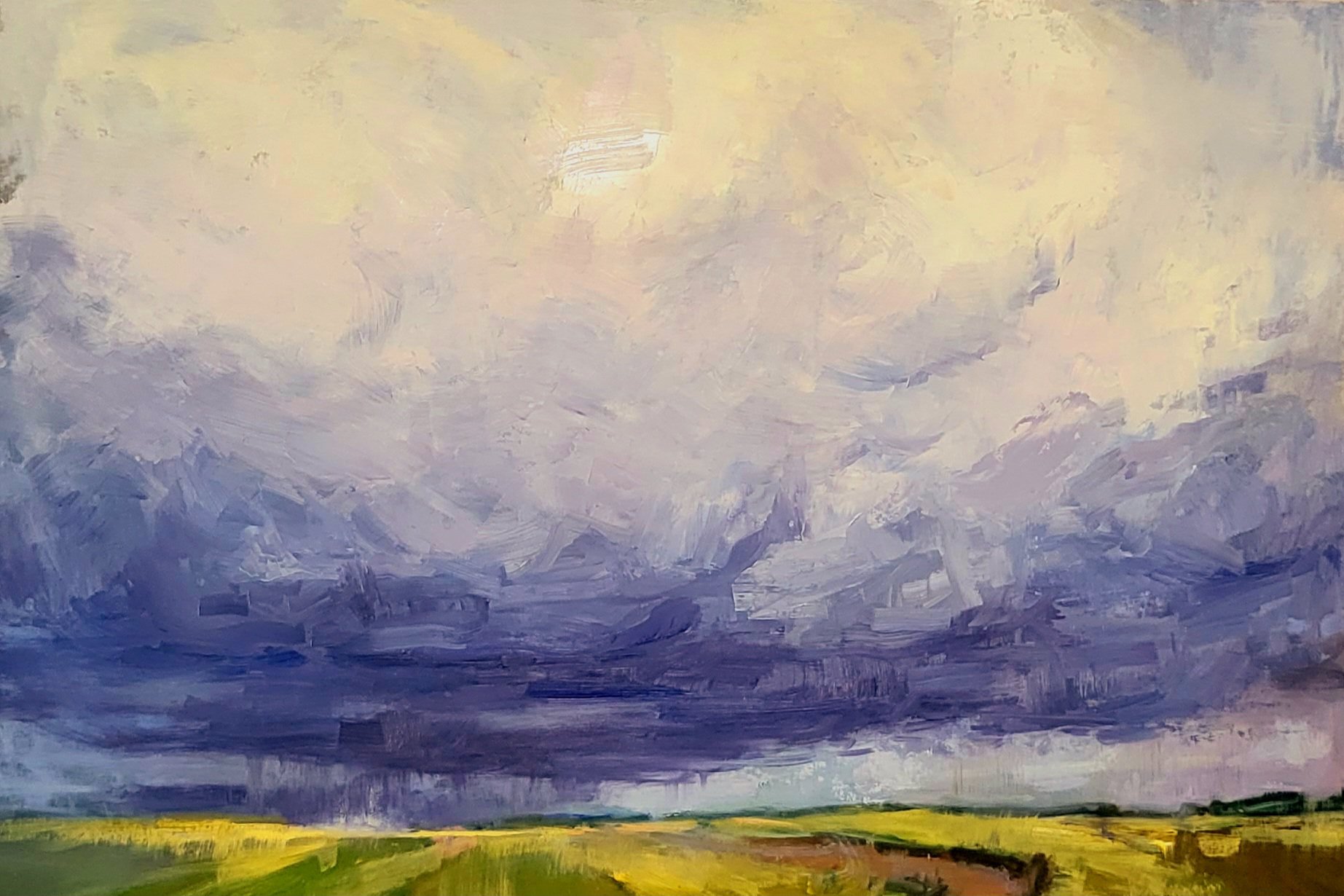 Impressionistic Landscape Oil Painting By Kristina Sellers, 36 X 24", Storm On Cleeve Hill, Original Artwork