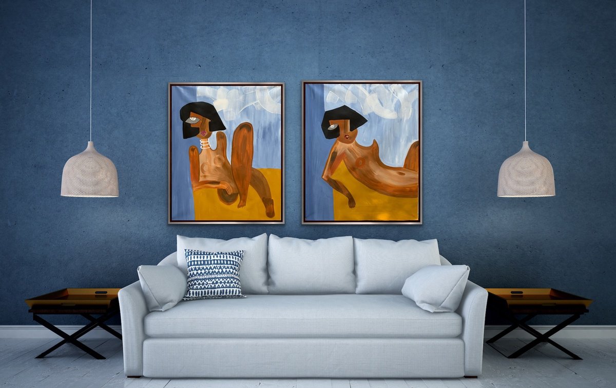 Abstract Portrait Acrylic Painting By Rashna Hackett, 29 X 35", A Week Of Sundays (Diptych), Original Artwork