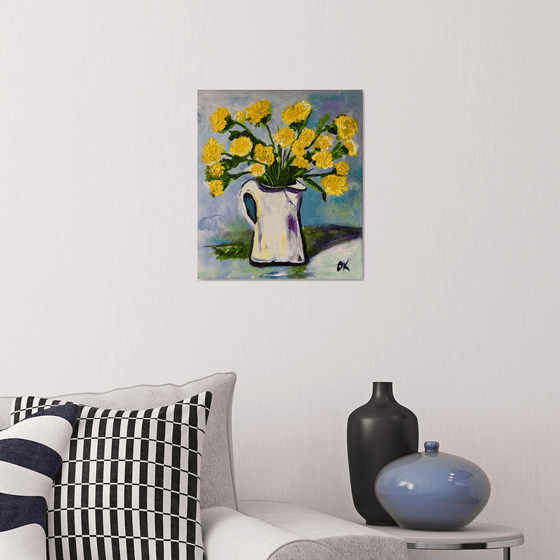 Blue collection, still life with dandelions. Wild Flowers in a White Jar #10.