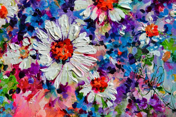 I've Dreamed 14 - Daisies and Cottage Flowers, 40x40, FREE SHIPPING, Large Modern Ready to Hang Poppy Painting - Poppies Flowers Acrylics Painting
