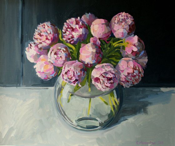 Peonies in a glass bowl