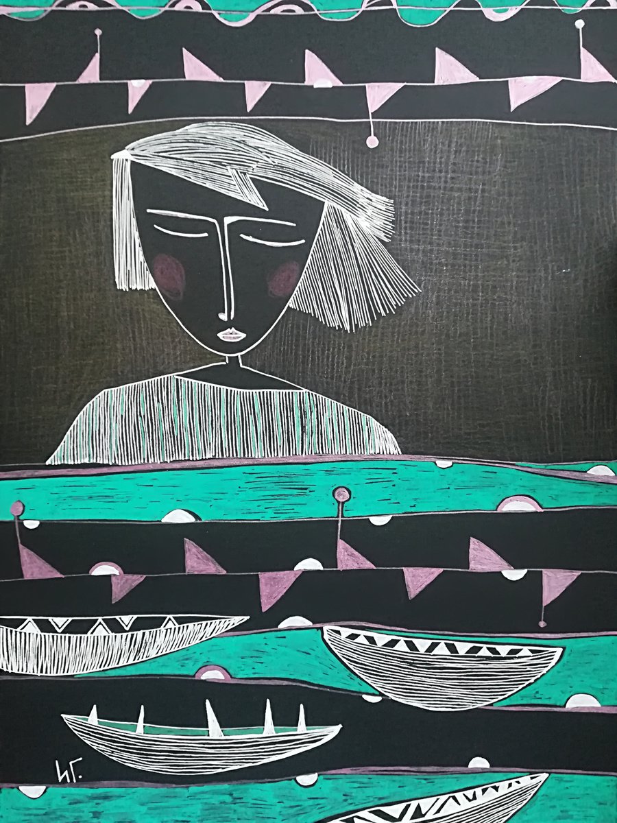 Naive Portrait Drawing By Irina Goleva, 8 X 11, Floating Calming Dream, Original Artwork