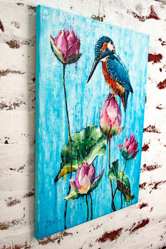 Kingfisher with water lilies