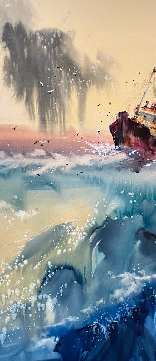 Sold Watercolor "Old boat V” gift For Him by Iulia Carchelan