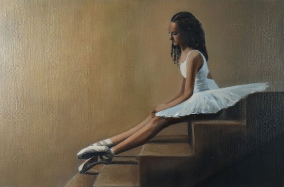 On the Steps, Ballerina Portrait, Girl, Ballet Painting Framed