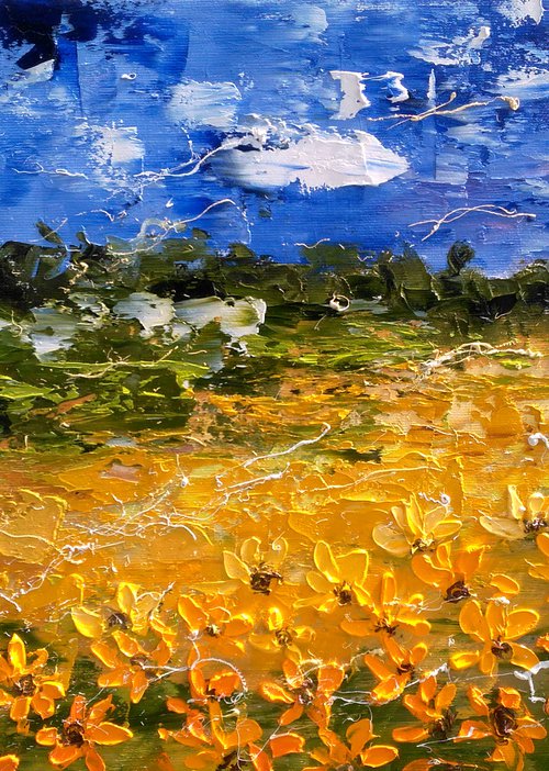 Ukraine Painting Landscape Original Art Sunflower Field Oil Impasto Artwork Ukrainian Sky Home Wall Art 20 by 12 inches by Halyna Kirichenko