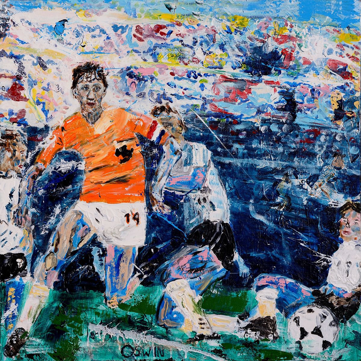 Abstract Portrait Acrylic Painting By Oswin Gesselli, 31 X 31", Johan Cruijff The Legend 80 X 80 Cm., Original Artwork