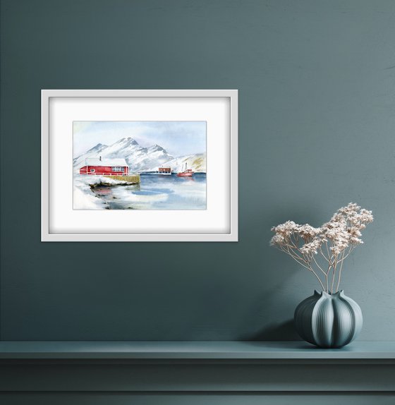 Scandinavian landscape with a red house by the sea. Original watercolor.