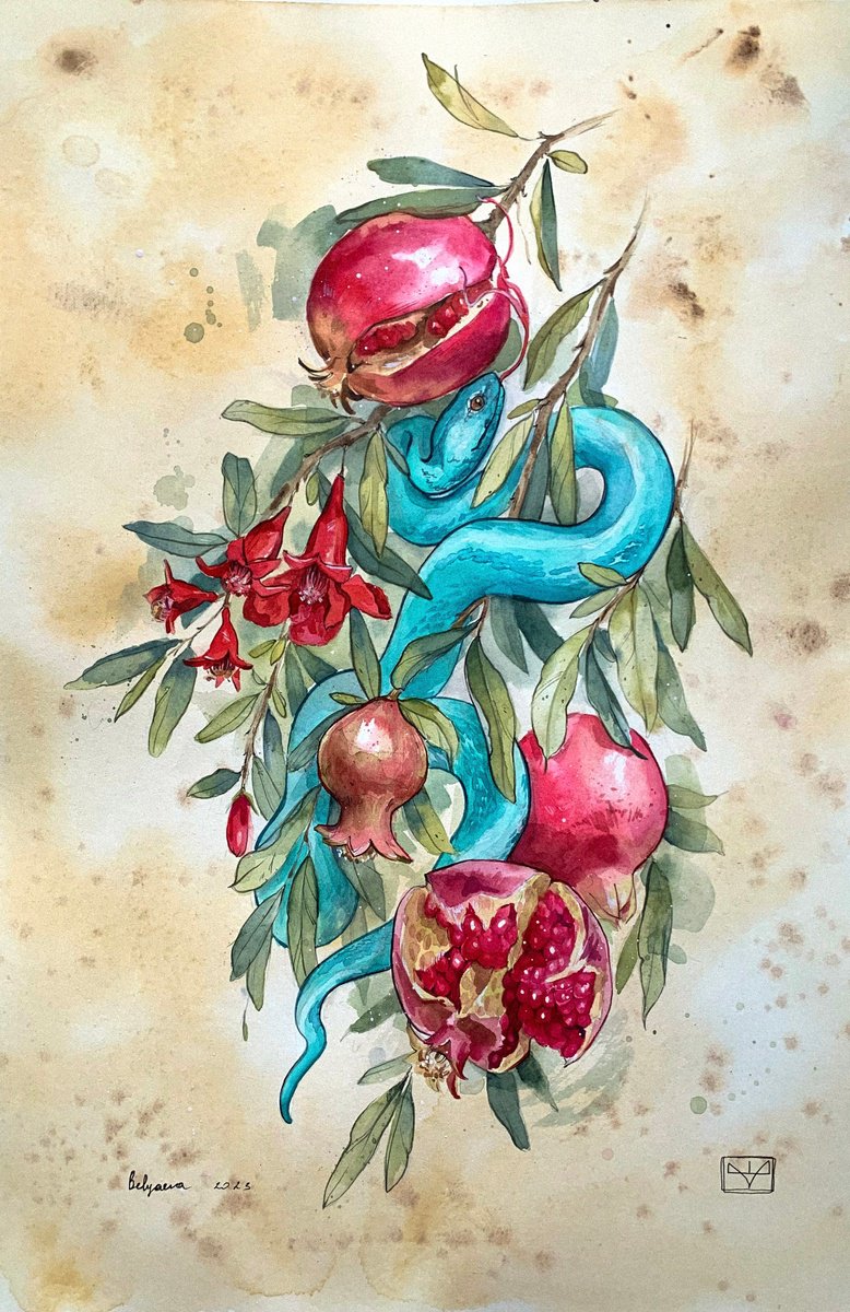 Illustrative Animal Watercolour By Belyaeva Oleksandra, 13 X 20, Snake On A Pomegranate Branch, Original Artwork