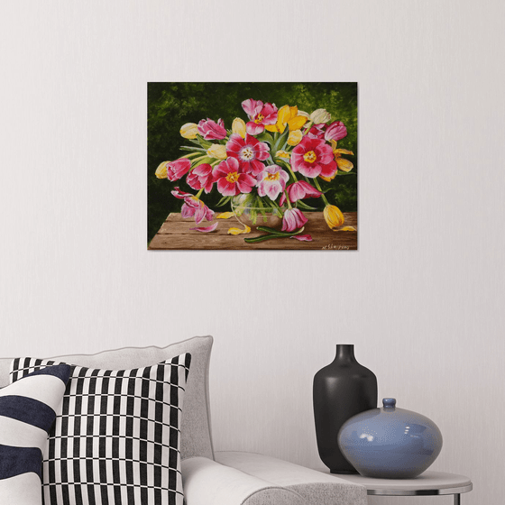 Red and Yellow Tulips in Glass Vase