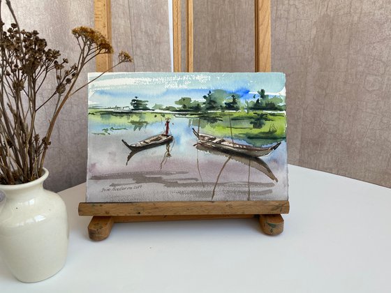 Chinese boats original watercolor painting with boats, small size, decor for small spaces