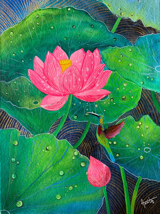 Lotus and Hummingbird ! A3 size Painting on Indian handmade paper