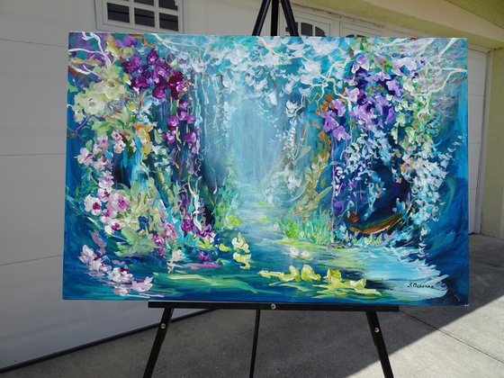 Abstract Landscape Large Flowers Painting. Tropical Floral Blue Teal Green Painting on Canvas. Modern Impressionism Art Pink Orchid White Purple Flowers Floral Garden Botanical Impressionism.