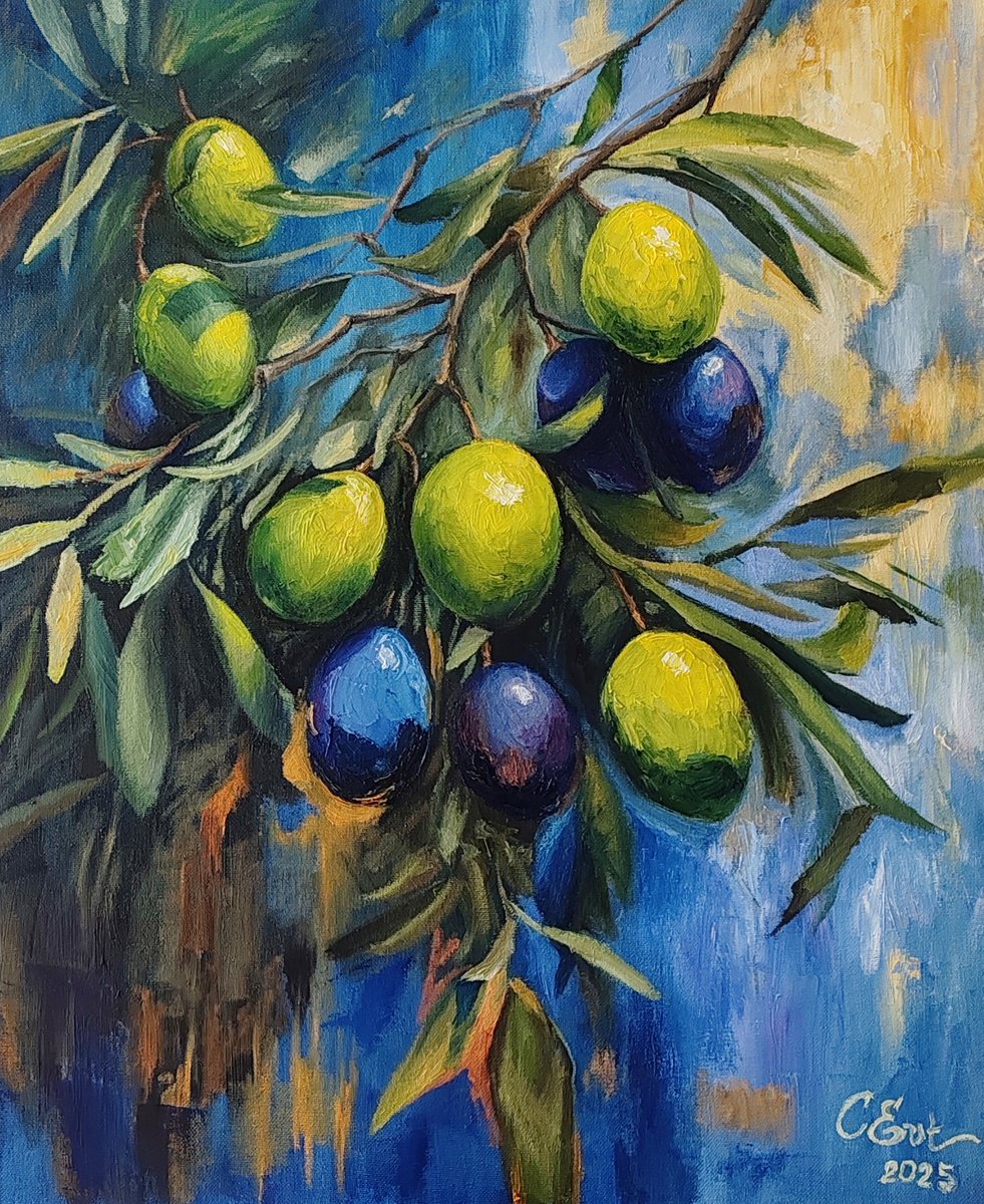 Impressionistic Landscape Oil Painting By Oksana Siciliana, 20 X 24", Olive Twilight Symphony, Original Artwork