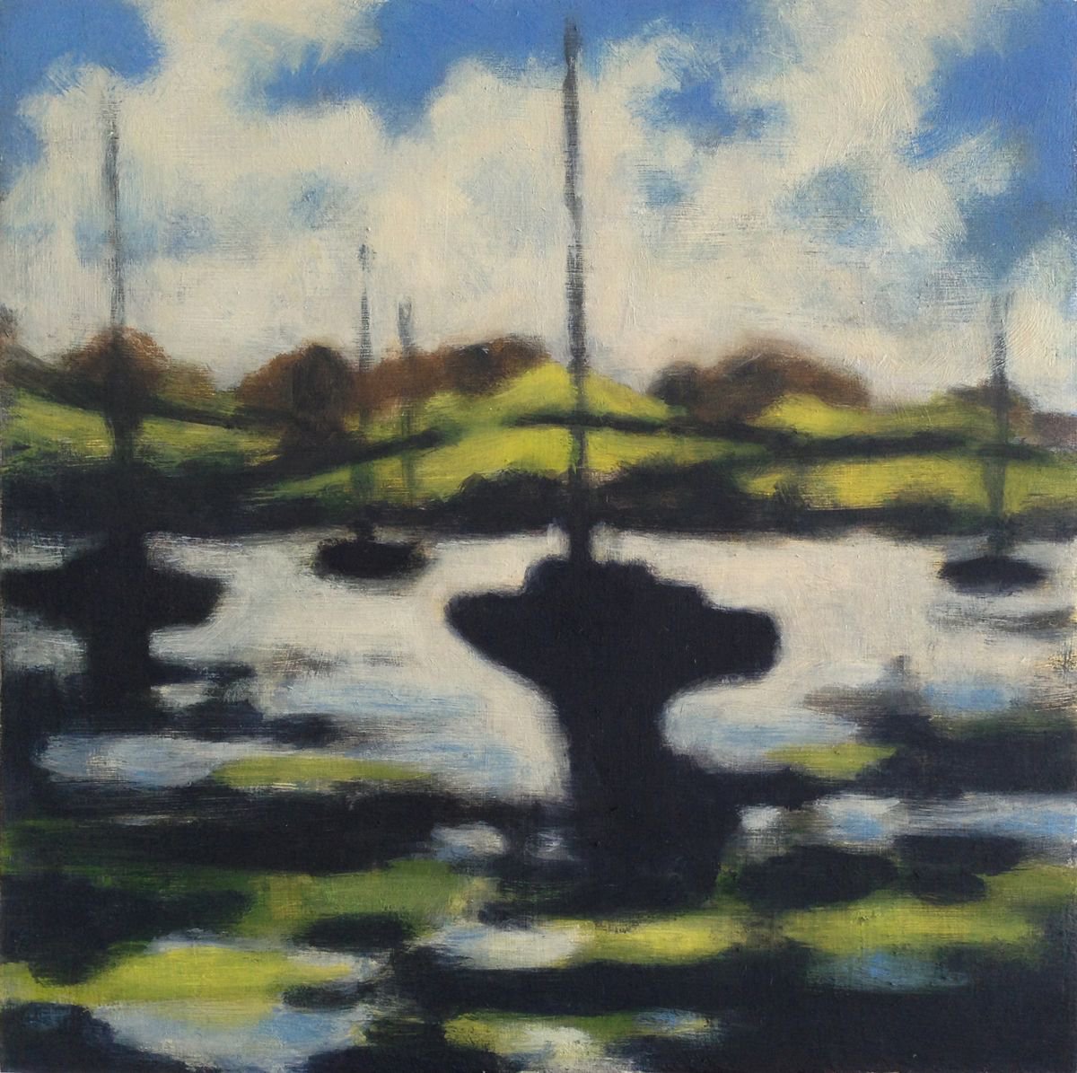 Impressionistic Landscape Acrylic Painting By Hugo Lines, 8 X 8, Boats On The Estuary 3, Original Artwork