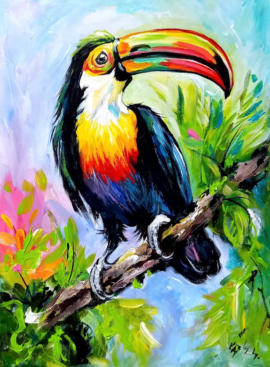 Impressionistic Animal Acrylic Painting By Kovacs Anna Brigitta, 12 X 16", Toucan Ii, Original Artwork