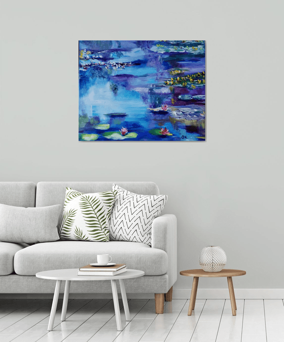 Water Lilies  92 x 76 x 2 cm inspired by Claude Monet  water reflections, purple, turquoise, blue sky