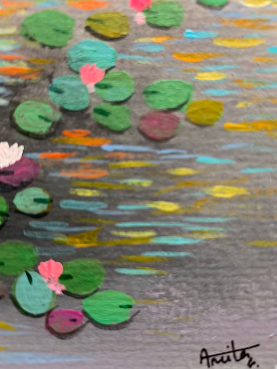 Water lily pond at sunrise ! A4 size Painting on paper